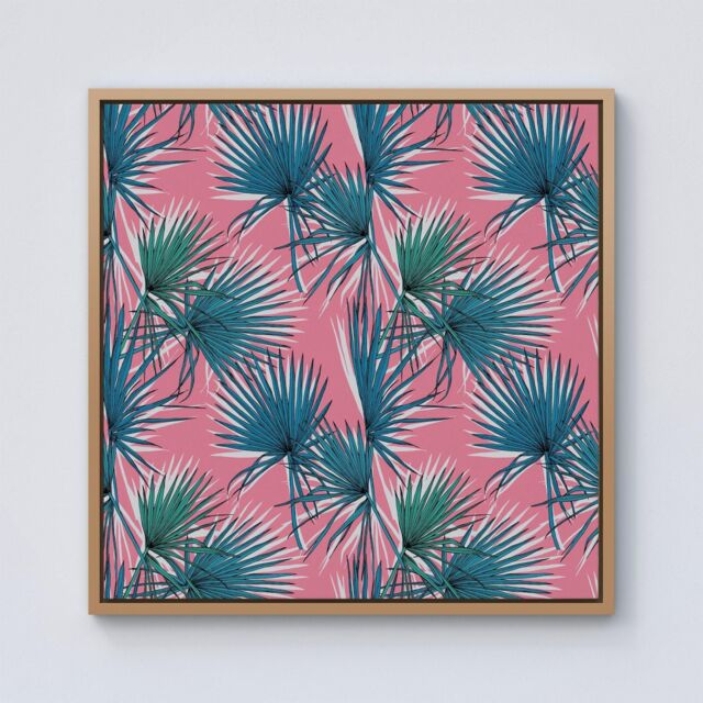 "Warren Reed - Designer Pink Green Fan Palms Framed Canvas in Light Brown - Size: W16"" x H16""" - image 1