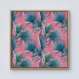 "Warren Reed - Designer Pink Green Fan Palms Framed Canvas in Light Brown - Size: W16"" x H16""" - thumbnail 1