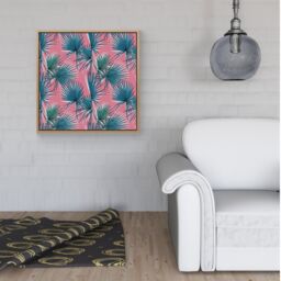 "Warren Reed - Designer Pink Green Fan Palms Framed Canvas in Light Brown - Size: W16"" x H16""" - thumbnail 2