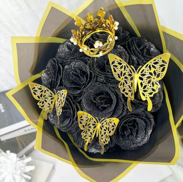 Dragodirect Artificial 12 Blue Rose Flower Bouquet With Glitter Crown Butterfly Wedding Party Decoration in Black - image 1