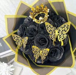 Dragodirect Artificial 12 Blue Rose Flower Bouquet With Glitter Crown Butterfly Wedding Party Decoration in Black