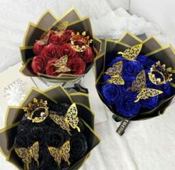 Dragodirect Artificial 12 Blue Rose Flower Bouquet With Glitter Crown Butterfly Wedding Party Decoration in Black - thumbnail 3