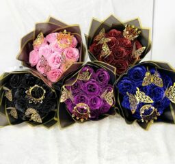 Dragodirect Artificial 12 Blue Rose Flower Bouquet With Glitter Crown Butterfly Wedding Party Decoration in Black - thumbnail 2