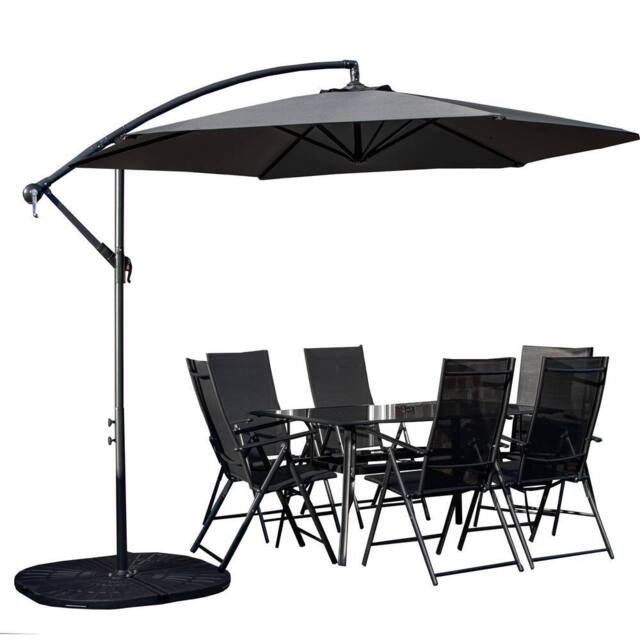 Samuel Alexander Outdoor 6 Person Glass Top Garden Table Chairs, Banana Parasol & Base in Grey - image 1