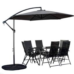 Samuel Alexander Outdoor 6 Person Glass Top Garden Table Chairs, Banana Parasol & Base in Grey