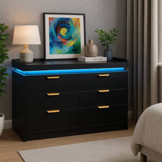 Harmin Modern Black 6-Drawer Chest with LED Lighting & Remote - 116cm Wide by Debenhams | uFurnish.com Harmin Modern Black 6-Drawer Chest with LED Lighting & Remote - 116cm Wide by Debenhams | uFurnish.com