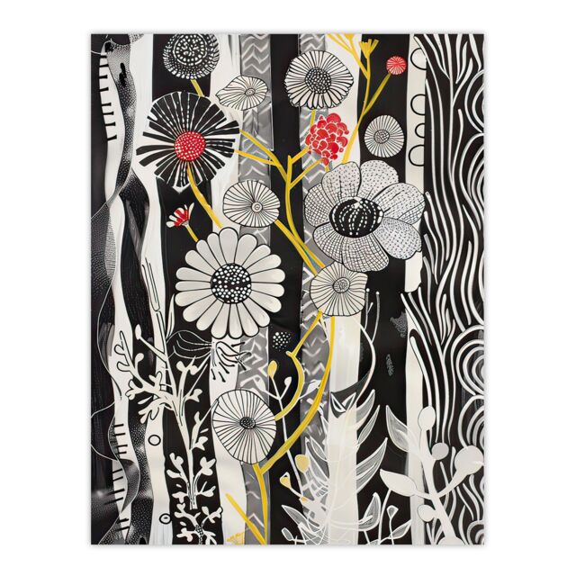 "Artery8 Black & White Stripes Abstract Wildflower Garden Wall Art Print - Size: W12"" x H16""" - image 1
