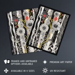 "Artery8 Black & White Stripes Abstract Wildflower Garden Wall Art Print - Size: W12"" x H16""" - thumbnail 2