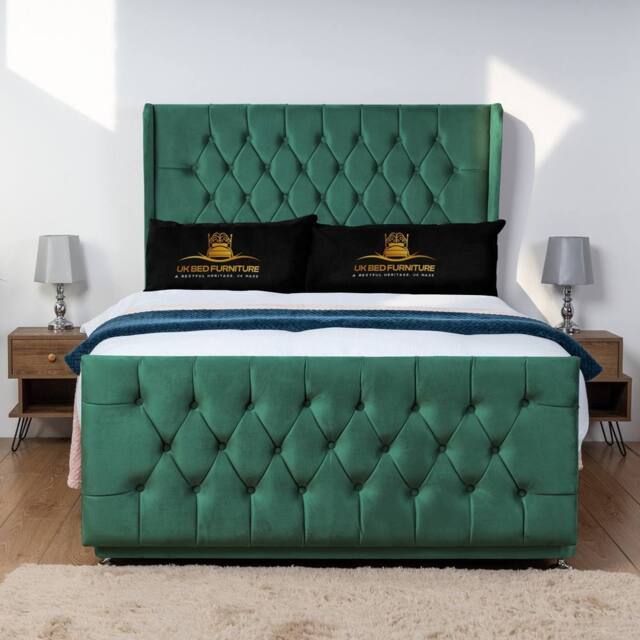 UK Bed Furniture Balamore Wingback Divan Bed Base with 54 Inch Headboard - No Storage in Green - Size: Double - image 1