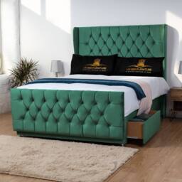 UK Bed Furniture Balamore Wingback Divan Bed Base with 54 Inch Headboard - No Storage in Green - Size: Double - thumbnail 2
