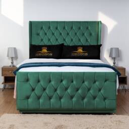 UK Bed Furniture Balamore Wingback Divan Bed Base with 54 Inch Headboard - No Storage in Green - Size: Double - thumbnail 1