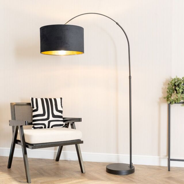 ValueLights Louis Black Arched Floor Lamp with Velvet Drum Metallic Gold Inner Shade - image 1
