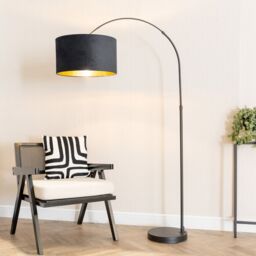 ValueLights Louis Black Arched Floor Lamp with Velvet Drum Metallic Gold Inner Shade - thumbnail 1
