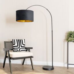 ValueLights Louis Black Arched Floor Lamp with Velvet Drum Metallic Gold Inner Shade - thumbnail 3