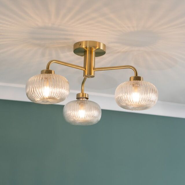 ValueLights Amaia Brushed Gold IP44 3 Way Clear Ribbed Glass Ceiling Light with LED Bulbs - image 1
