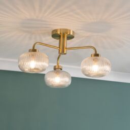 ValueLights Amaia Brushed Gold IP44 3 Way Clear Ribbed Glass Ceiling Light with LED Bulbs - thumbnail 1