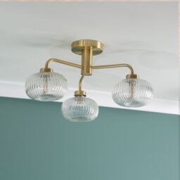 ValueLights Amaia Brushed Gold IP44 3 Way Clear Ribbed Glass Ceiling Light with LED Bulbs - thumbnail 2