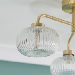 ValueLights Amaia Brushed Gold IP44 3 Way Clear Ribbed Glass Ceiling Light with LED Bulbs - thumbnail 3
