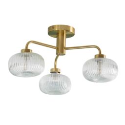 ValueLights Amaia Brushed Gold IP44 3 Way Clear Ribbed Glass Ceiling Light with LED Bulbs - thumbnail 5
