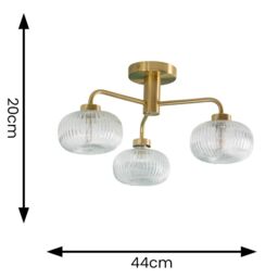 ValueLights Amaia Brushed Gold IP44 3 Way Clear Ribbed Glass Ceiling Light with LED Bulbs - thumbnail 6