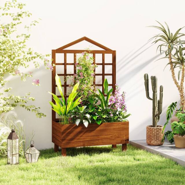 OUTSUNNY Wooden Garden Planters with Trellis for Vine Climbing Plants Brown - image 1