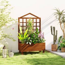 OUTSUNNY Wooden Garden Planters with Trellis for Vine Climbing Plants Brown - thumbnail 1
