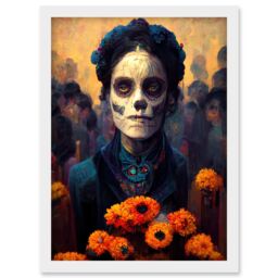 Artery8 Day Of Dead Skull Marigold Flowers Artwork Framed Wall Art Print A4 in White - thumbnail 1