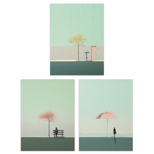 Artery8 Wall Art Print Set of 3 s Minimalist Sage Green Aesthetic Tree Umbrella Park 3 Pack Poster Living Room s in Pale Green - Size: A4 - image 1