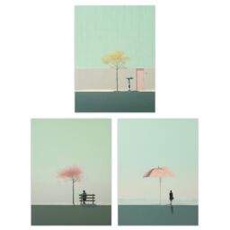 Artery8 Wall Art Print Set of 3 s Minimalist Sage Green Aesthetic Tree Umbrella Park 3 Pack Poster Living Room s in Pale Green - Size: A4 - thumbnail 1
