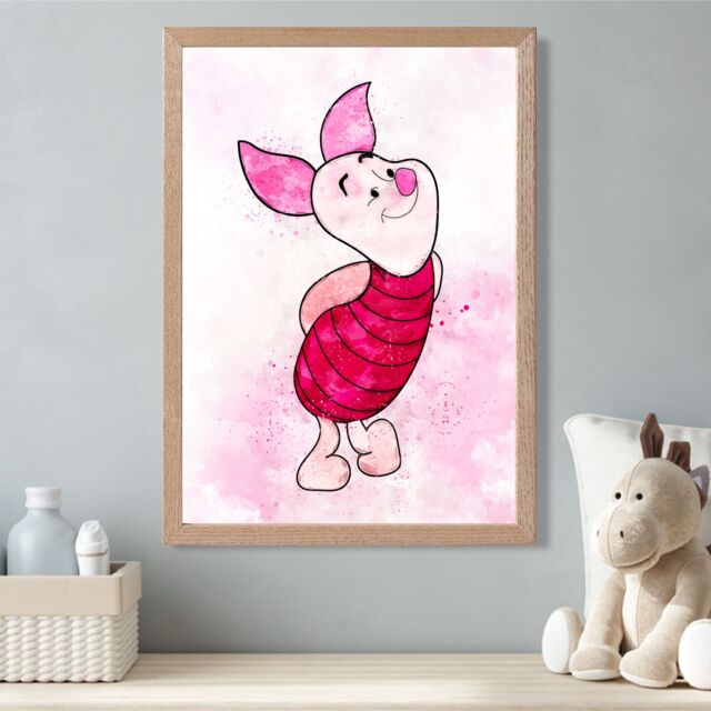 ARTZE Piglet Watercolour Winnie the Pooh Art Print with Oak Frame SIZE: A3 in Pink - Size: A2 - image 1