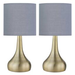First Choice Lighting Set of 2 Romana - Antique Brass Touch Table Lamps Grey Cotton Shade in Bronze