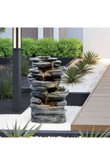 Living and Home Outdoor Solar Water Feature 18in 5-Tier LED Lights Waterfall Fountain Rockery Garden Decor for Garden, Yard in Natural - image 1