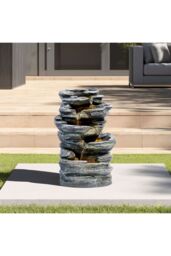 Living and Home Outdoor Solar Water Feature 18in 5-Tier LED Lights Waterfall Fountain Rockery Garden Decor for Garden, Yard in Natural - thumbnail 2