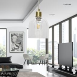 First Choice Lighting Belten - Clear Glass Cloche with Satin Brass Pendant Fitting - thumbnail 4