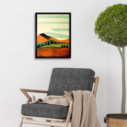 "Artery8 Wall Art Print Abstract Eclectic Tangerine & Olive Countryside Linocut Art Framed in Black - Size: W12"" x H16""" - thumbnail 2