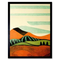 "Artery8 Wall Art Print Abstract Eclectic Tangerine & Olive Countryside Linocut Art Framed in Black - Size: W12"" x H16""" - thumbnail 1
