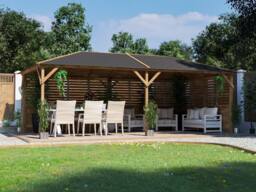 Dunster House Wooden Gazebo Kit with Louvre Wall & Shingles 6m x 3m - Utopia in Brown - thumbnail 1
