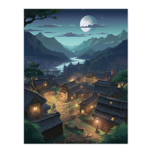 Artery8 Wall Art Print Full Moon Over Peaceful Village w/ Traditional Chalet Houses Painting Clear Moonlit Night Mountainside Bright Lit Windows - image 1