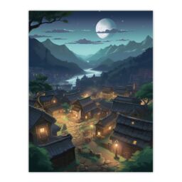 Artery8 Wall Art Print Full Moon Over Peaceful Village w/ Traditional Chalet Houses Painting Clear Moonlit Night Mountainside Bright Lit Windows - thumbnail 1