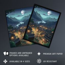 Artery8 Wall Art Print Full Moon Over Peaceful Village w/ Traditional Chalet Houses Painting Clear Moonlit Night Mountainside Bright Lit Windows - thumbnail 2