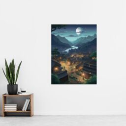 Artery8 Wall Art Print Full Moon Over Peaceful Village w/ Traditional Chalet Houses Painting Clear Moonlit Night Mountainside Bright Lit Windows - thumbnail 4