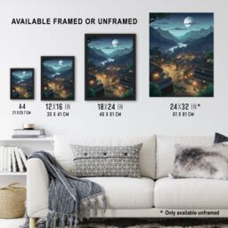 Artery8 Wall Art Print Full Moon Over Peaceful Village w/ Traditional Chalet Houses Painting Clear Moonlit Night Mountainside Bright Lit Windows - thumbnail 3