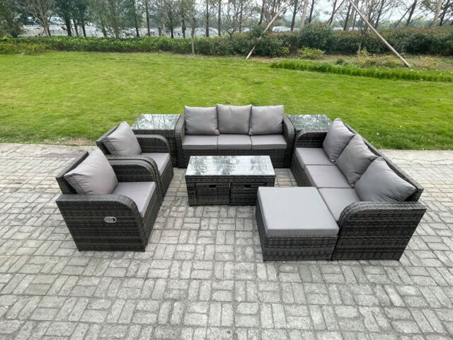 Fimous Wicker PE Rattan Sofa Set 11 Seater Outdoor Patio Garden Furniture Set with 2 Reclining Chairs Coffee Table 2 Side Tables in Dark Grey - image 1