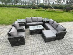 Fimous Wicker PE Rattan Sofa Set 11 Seater Outdoor Patio Garden Furniture Set with 2 Reclining Chairs Coffee Table 2 Side Tables in Dark Grey - thumbnail 2