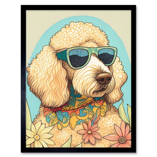 "Artery8 Wall Art Print Poodle Dog with Sunglasses & Bandana in Daisies Modern Multicoloured Art Framed in Black - Size: W12"" x H16""" - image 1