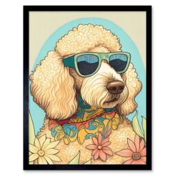 "Artery8 Wall Art Print Poodle Dog with Sunglasses & Bandana in Daisies Modern Multicoloured Art Framed in Black - Size: W12"" x H16""" - thumbnail 1