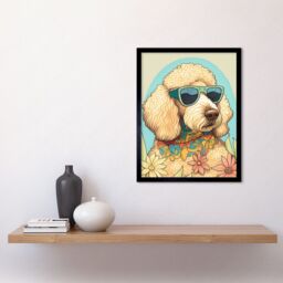 "Artery8 Wall Art Print Poodle Dog with Sunglasses & Bandana in Daisies Modern Multicoloured Art Framed in Black - Size: W12"" x H16""" - thumbnail 2