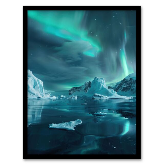 "Artery8 Aurora Australis Antarctica Night Iceberg Seascape Framed Art Print in Blue - Size: W12"" x H16""" - image 1