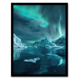 "Artery8 Aurora Australis Antarctica Night Iceberg Seascape Framed Art Print in Blue - Size: W12"" x H16""" - thumbnail 1