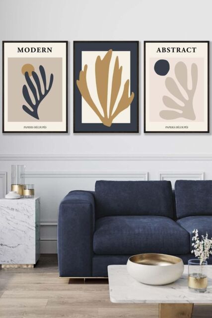 ARTZE Set of 3 Black Framed Matisse Style Floral Cut Out Navy & Yellow Wall Art - Size: W45 cm x H62 cm x D20mm - image 1